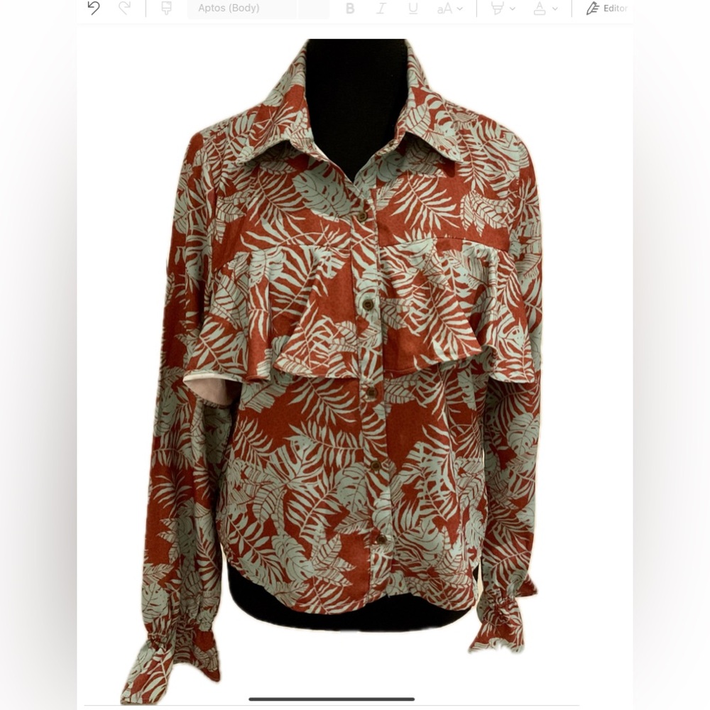 Rock& Roll Denim Leaf Print Button Down Shirt - Rust and Mint